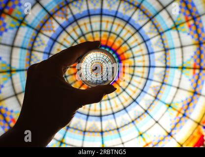 Glass ball colorful mosaic, stained glass window , architecture symmetric, stained glass ceiling Stock Photo