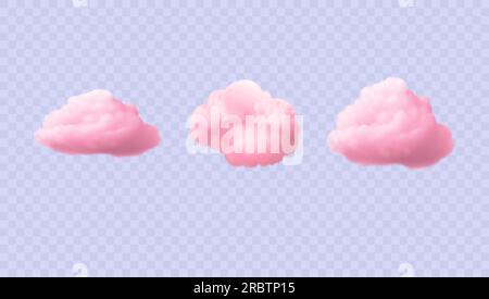 Fluffy pink set of sky elements isolated on transparent background. Stock Vector