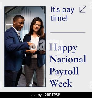 Composition of happy national payroll week text over diverse business people using tablet Stock Photo