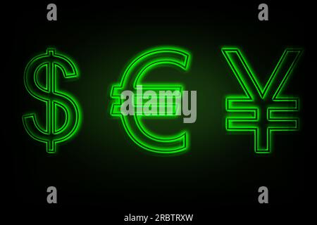 Money exchange neon sign. Green symbols of different currencies on black background Stock Photo