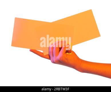 Man holding flyers on white background, closeup and space for text. Color tone effect Stock Photo