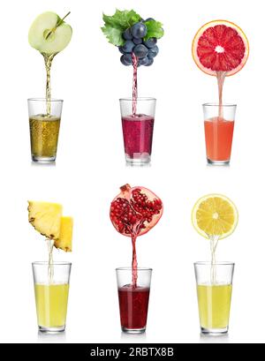 Collage of different freshly squeezed juices pouring from fruits into glasses on white background Stock Photo