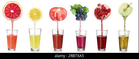 Collage of different freshly squeezed juices pouring from fruits and vegetable on white background Stock Photo