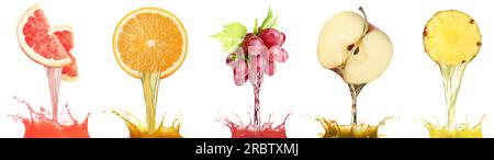 Collage of different freshly squeezed juices pouring from fruits on white background Stock Photo