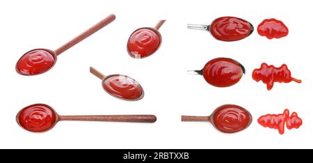 Set of tasty ketchup in spoons and smears on white background, different views Stock Photo