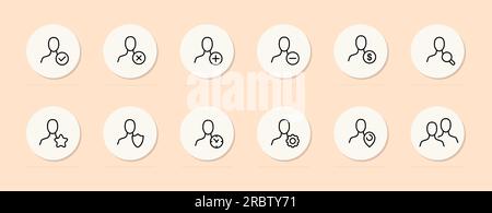 Human icon line icon. Check mark, cross, shield, plus, minus, gps, gear, star Pastel color background Vector line icon Stock Vector