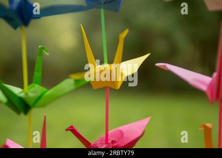 Origami Curtain in Rainbow colors hanging Stock Photo