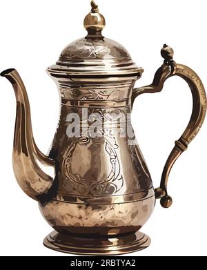 Ornate antique teapot with brass handle and decoration Stock Vector