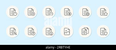 File line icon. Plus, minus, information, settings, data security, heart, favorites Pastel color background Vector line icon Stock Vector