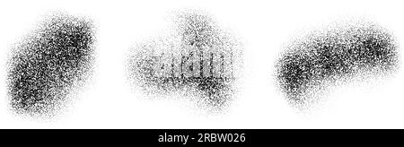 Abstract fluid dotted gradients stains. Noise grain texture shapes set. Black stippled spray splashes and sand dust spots. Dotwork elements and halftone splatter forms collection. Vector Stock Vector