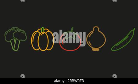 colored icons of healthy food on a dark background broccoli, pepper, cucumber, tomato onion Stock Vector
