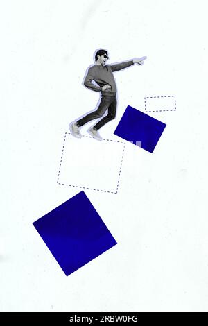 Creative 3d composite picture collage of funny man mocking directing finger collect incomplete cubes isolated on grey color background Stock Photo