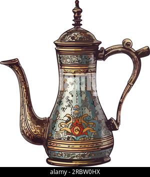 Ancient teapot, ornate handle, Arabic style souvenir Stock Vector