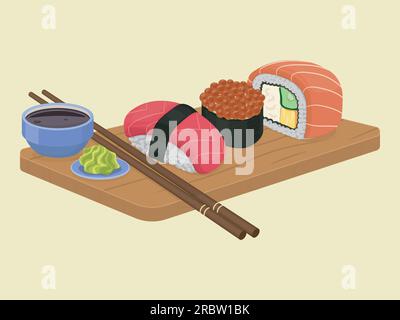 sushi set with soy sauce and wasabi Stock Vector