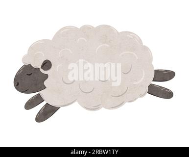 Cute baby Sheep jumping. Digital hand drawn illustration with little lamb for textile design, poster, card. Drawing of character in cartoon style for Stock Photo