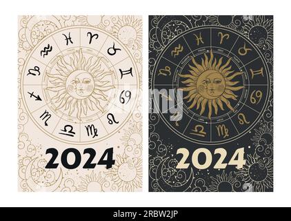 2024 Astrology Cover For Diary Calendar Sun And Moon With Face Zodiac Wheel With 12 Horoscope Symbols Mystical Vector Print 2rbw2jp 