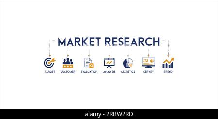 Banner Market research Vector Illustration icon with target, customer, evaluation, analysis, statistics, survey and trend Stock Vector