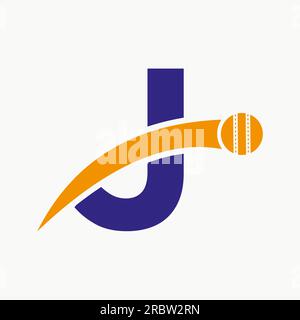 Cricket Logo On Letter J With Moving Cricket Ball Icon. Cricket Ball Logo Template Stock Vector