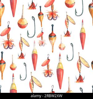 Seamless pattern with fishing tackle, bobber float,, hooks and lures. Hand  drawn watercolor painting isolated on yellow background, cut out clip art  Stock Photo - Alamy