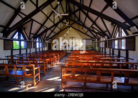 Mauritius, Rivière du Rempart district, Cap Malheureux, the Notre-Dame Auxiliatrice church with its red roof, emblematic of the island Stock Photo