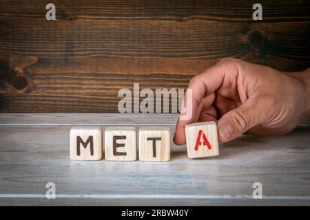Sigulda, Latvia - May 8, 2023: META. A word from wooden blocks on a wooden texture background Stock Photo