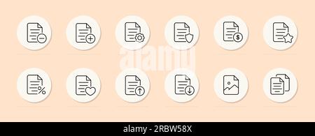 File line icon. Plus, minus, information, settings, data security, heart, favorites Pastel color background Vector line icon Stock Vector
