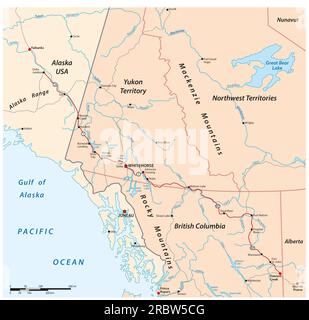 Vector road map of the Alaska Highway from Delta Junction to Dawson Creek, Canada, USA Stock Photo