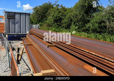 Thousands of these steel pilings have been driven or are still to be driven into the ground around the repair site at Toddbrook Dam in Whaley Bridge Stock Photo