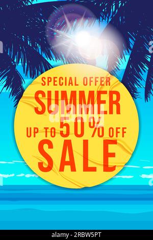 Summer Sale Template poster. Yellow sticker with wrinckles, glued paper patch Stock Vector