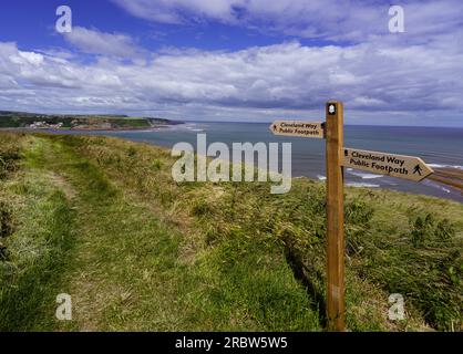 The view of Runswick Bay, from the Cleveland Way signpost in Kettleness. This point is on the North Yorkshire coastline not far from Whitby. Stock Photo