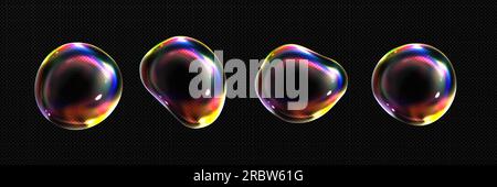 3d glass or soap transparent rainbow spheres. Iridescent foam bubbles isolated on transparent background. Abstract glossy fluid balls with rainbow reflection, vector realistic set Stock Vector
