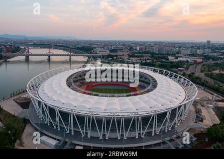 Aerial skyline view of the brand new National Athletics Centre of Budapest, which will host the World Athletics Championships Budapest 23. Stock Photo