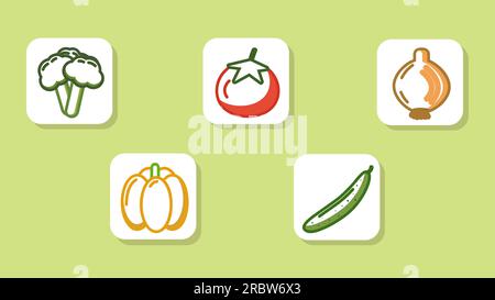 colored icons of healthy food in the form of buttons for the application broccoli, pepper, cucumber, tomato onion Stock Vector