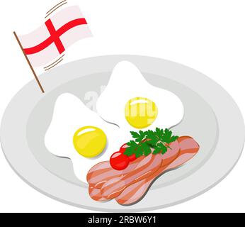 scrambled eggs with bacon on a plate decorated with parsley and tomatoes Stock Vector