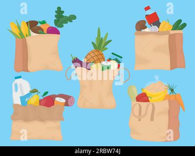 set of five color images of packages with fruits, vegetables and other food Stock Vector