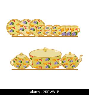 set of ceramic kitchen utensils plates cups, tureen, kettle, sugar bowl Stock Vector