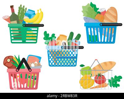 set of five color images with customer baskets full of goods and food Stock Vector