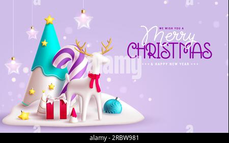 Merry christmas text vector design. Christmas pine tree, deer, candy cane and hanging xmas lights in winter snow decoration. Vector illustration Stock Vector