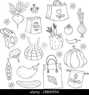 Eco bags and seasonal vegetables and berries. Collection paper grocery bags, eco friendly and package. Vector illustration. Isolated hand drawn doodle Stock Vector