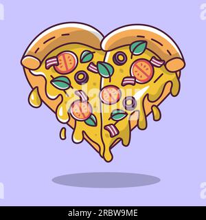 two heart shaped pizza slices with tomatoes and olives cartoon style illustration vector illustration Stock Vector