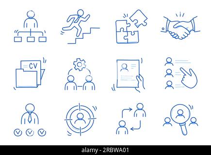 Doodle line icon set work, business job search. Doodle sketch hand drawn style employee search, business work career, company people team icon. Job interview, team person concept. Vector illustration Stock Vector