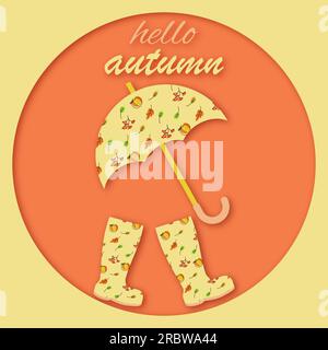 umbrella and boots with a pattern, a postcard in the style of cut paper. Hello autumn. Stock Vector