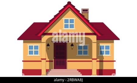 Colored one-story house with porch and canopy isolated on white background. Vector clipart. Stock Vector