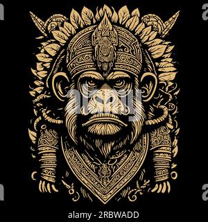 Brown silhouette of monkey in ancient Aztec style isolated on black background. Print for t-shirt. Vector clipart. Stock Vector