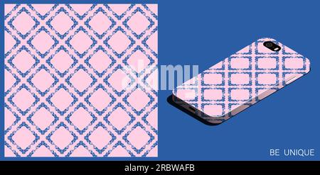 Modern smartphone in unique case decorated geometric seamless pattern with Grapevine scroll and tendril rhombus and square. Vector ornament for design Stock Vector