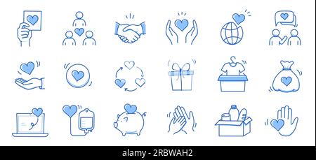 Charity hand, money, blood donation doodle line icon. Charity volunteer, support, blood donor concept icon set. Volunteer heart, donate food hand drawn doodle sketch style line. Vector illustration Stock Vector