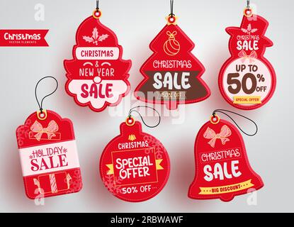 Christmas sale tags vector set design. Merry chritsmas and happy new year text in red color price tag for holiday season gift card. Vector Stock Vector