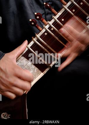Close up of hands playing the sitar, Indian classical music instrument Stock Photo
