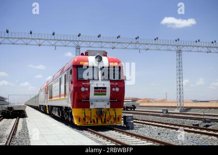 The Mombasa–Nairobi Standard Gauge Railway, completed in 2017, was built as the first phase of the Kenya Standard Gauge Railway. It is a standard-gaug Stock Photo