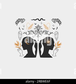 Hand drawn vector abstract,graphic magic witch woman,moon,flowers and stars in minimalistic modern line art style illustration.Moon and star outline Stock Vector